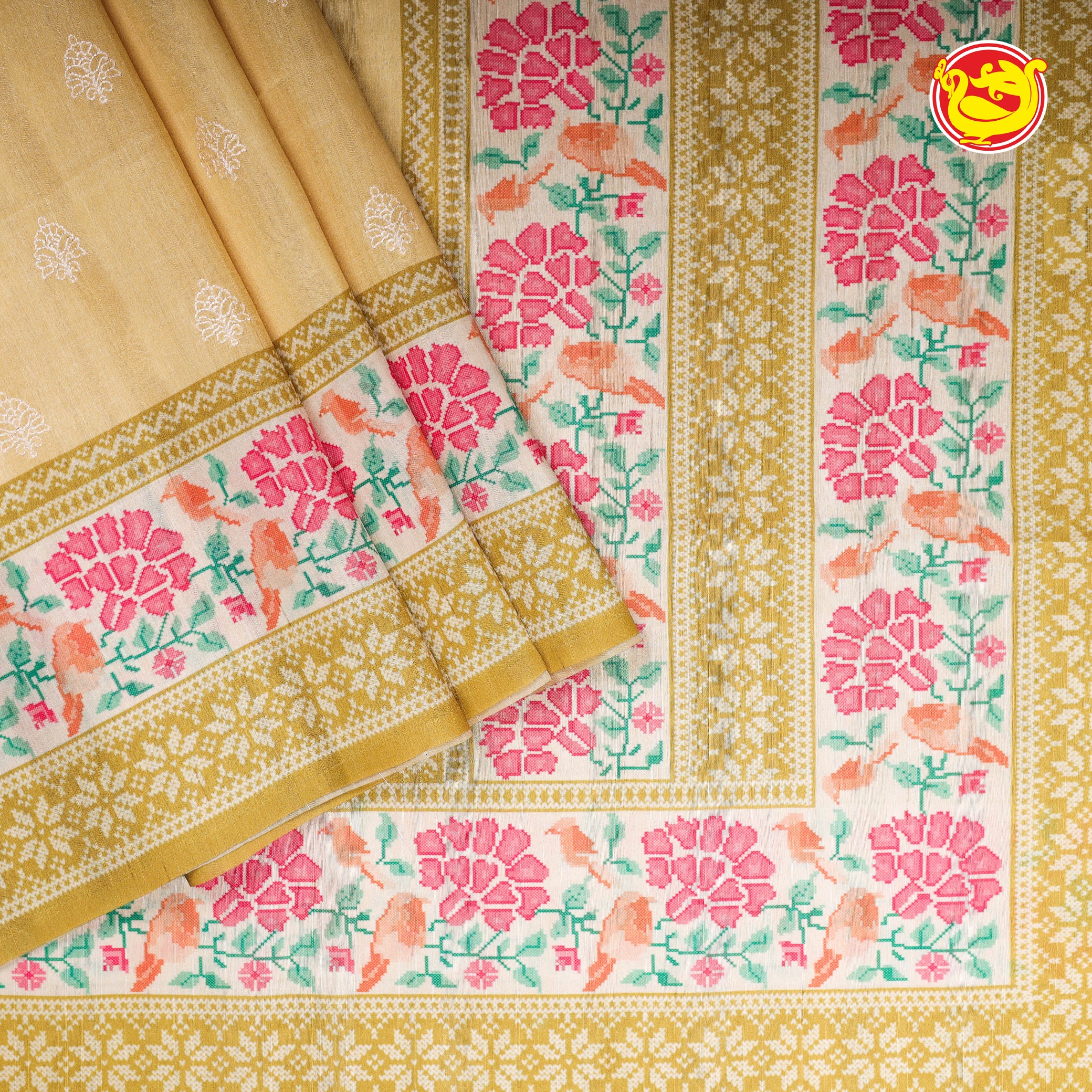 Golden yellow art chanderi saree with digital prints and embroidery