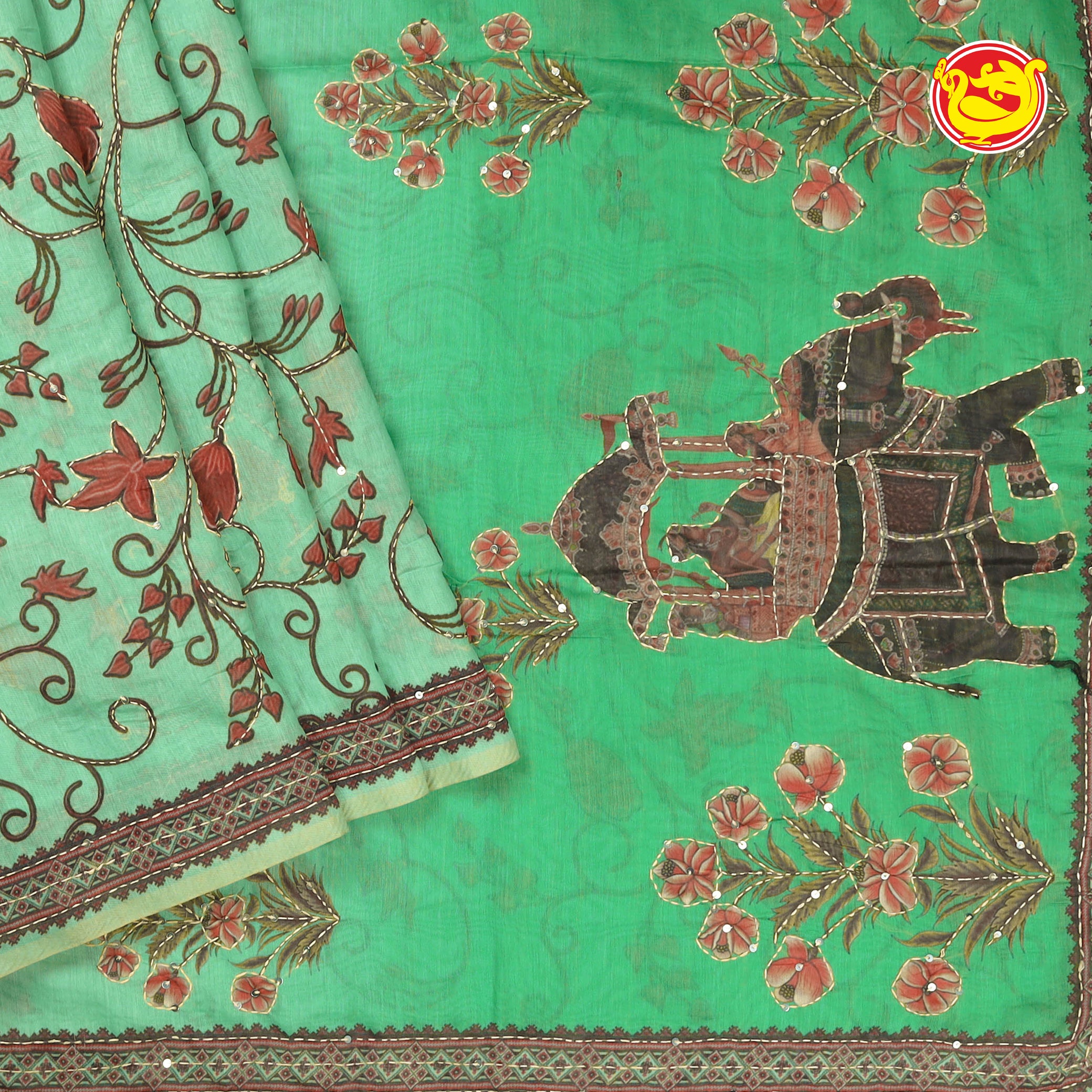 Green art chanderi saree with digital prints and Kantha stitch