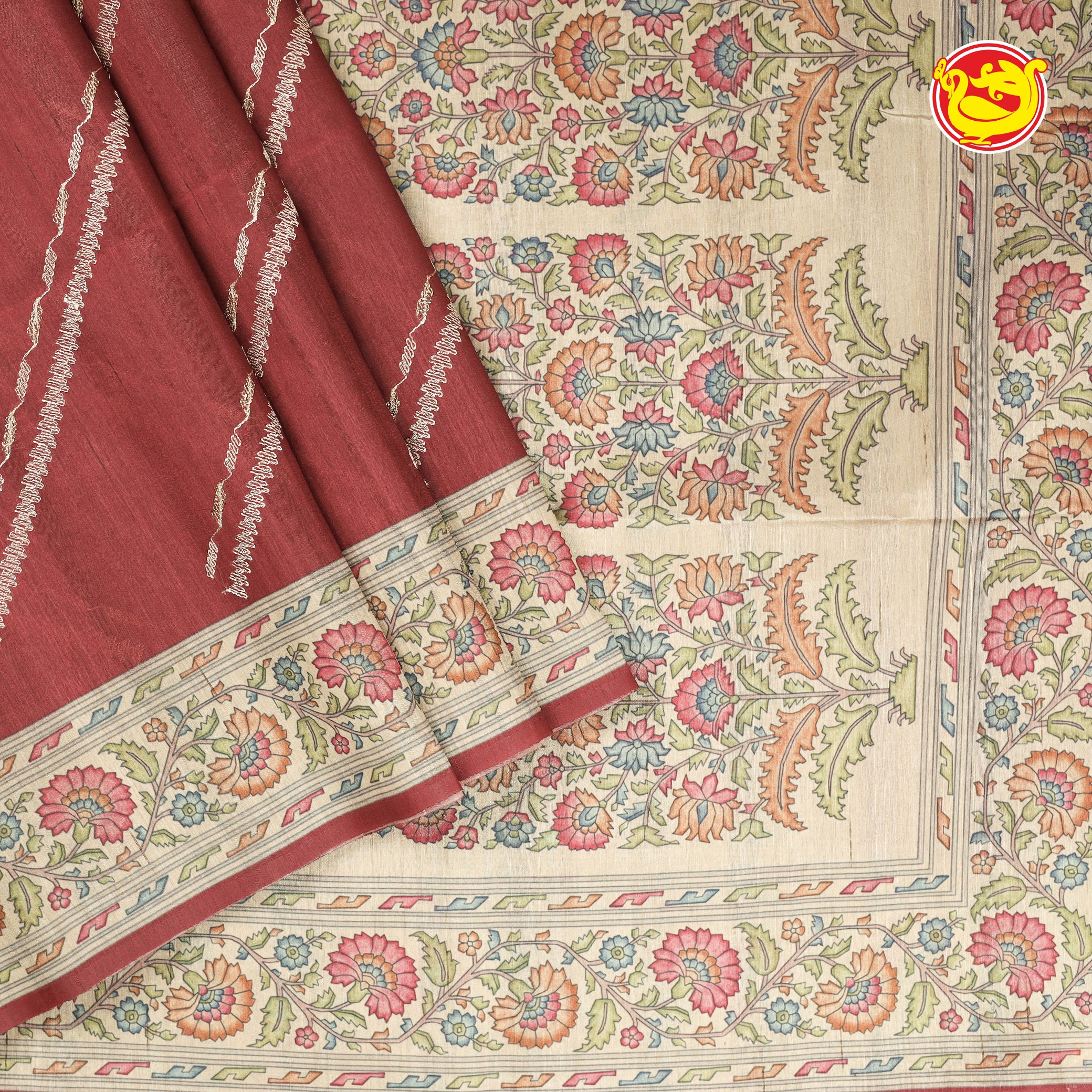Maroon with beige fancy cotton saree with embroidery