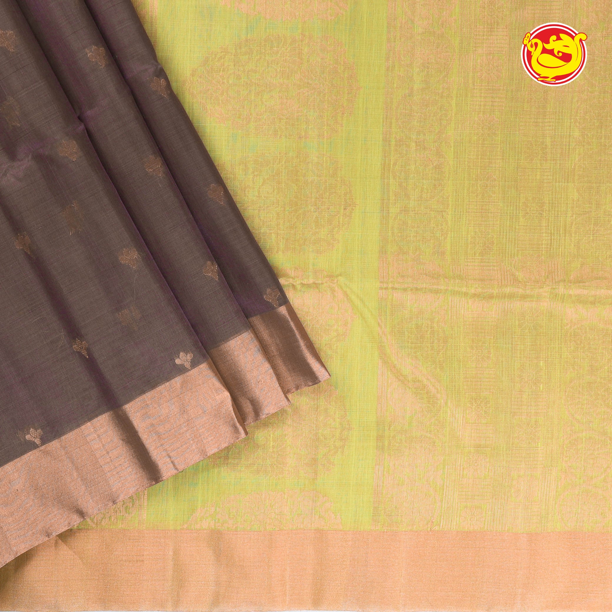 Brown with lime green pure silk cotton saree