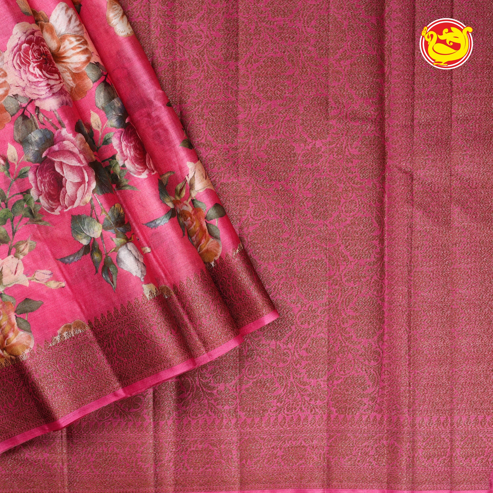 Pastel pink tussar silk saree with digital floral prints