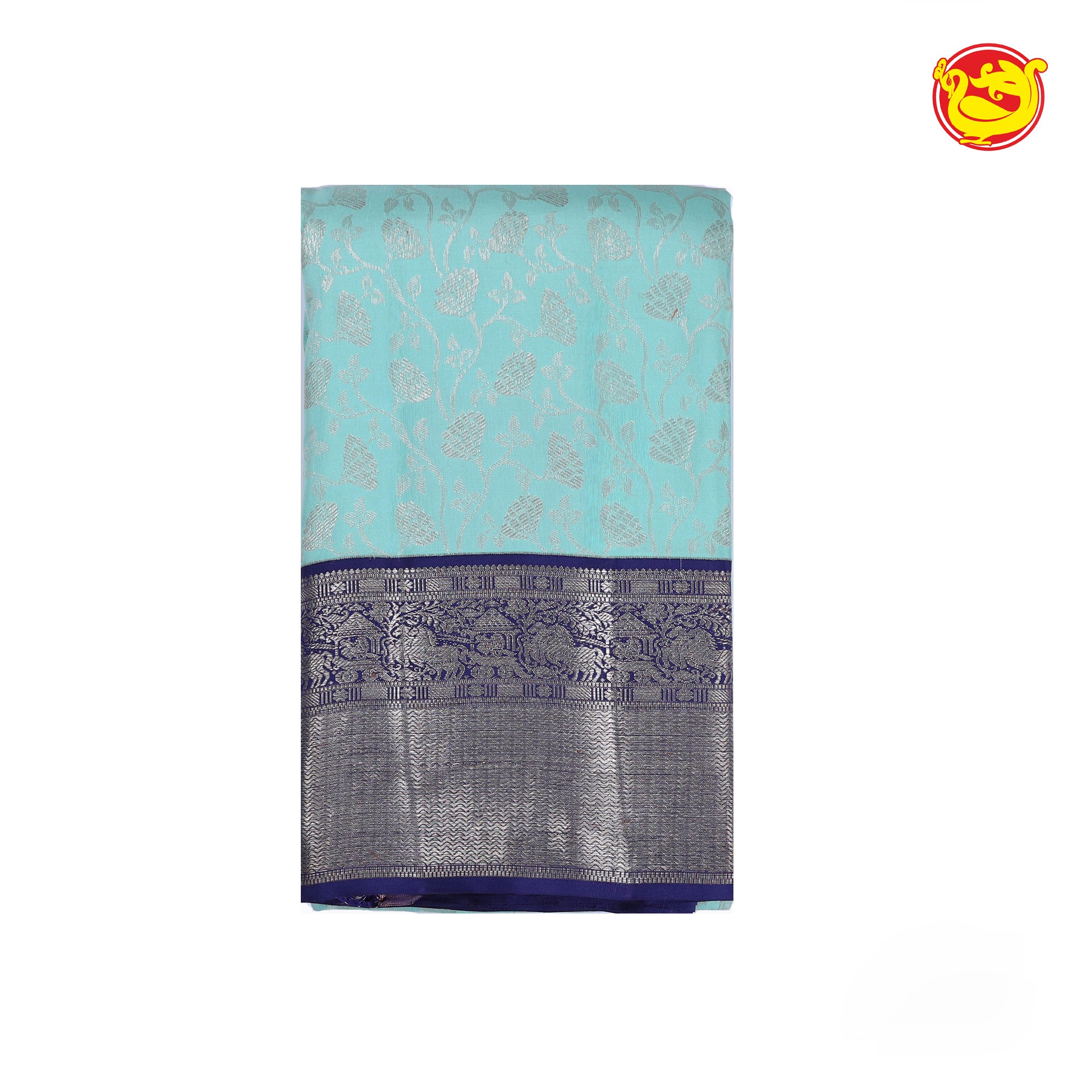 Aqua blue with navy blue pure Kanchivaram silk saree