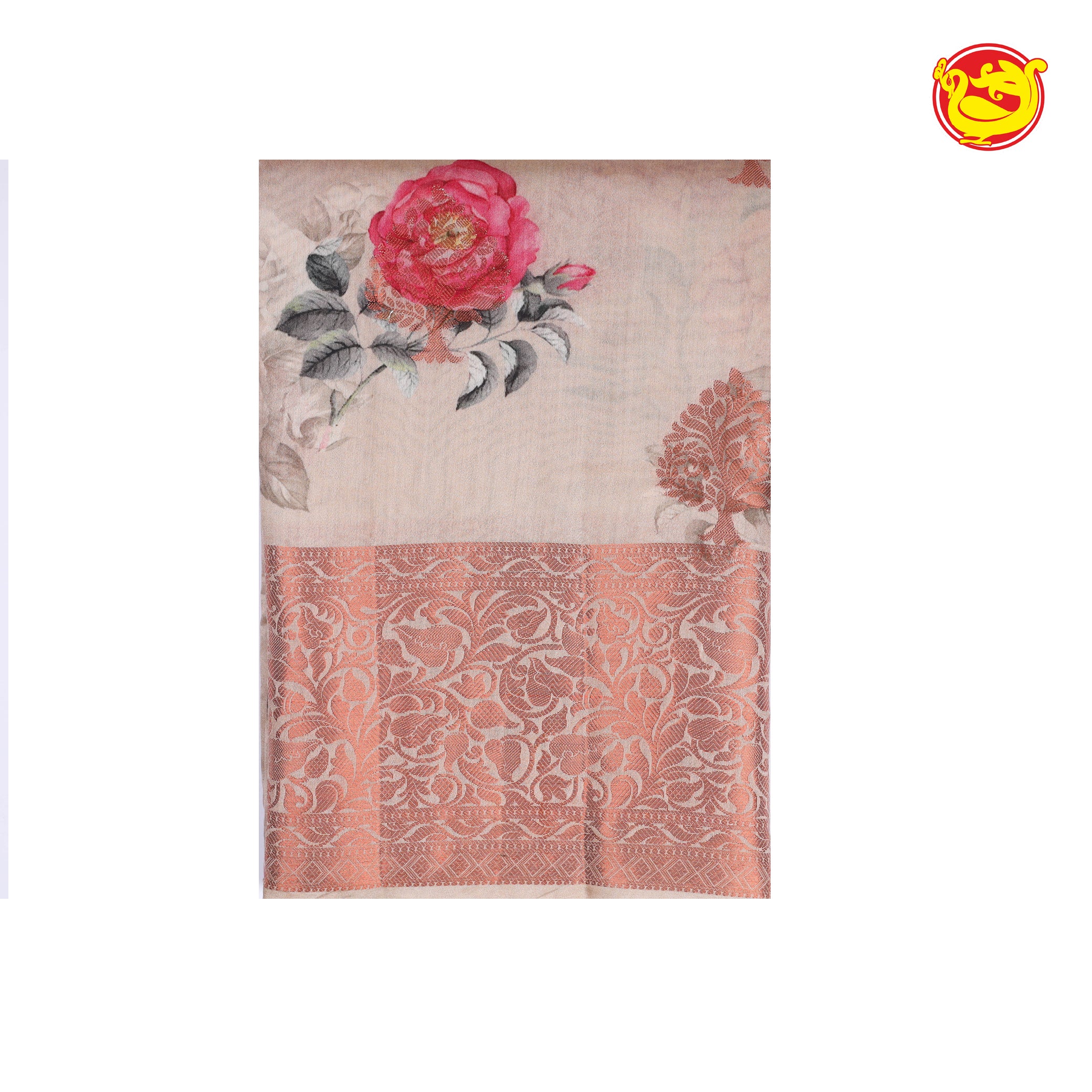 Grey chiniya silk saree with digital floral prints and copper zari