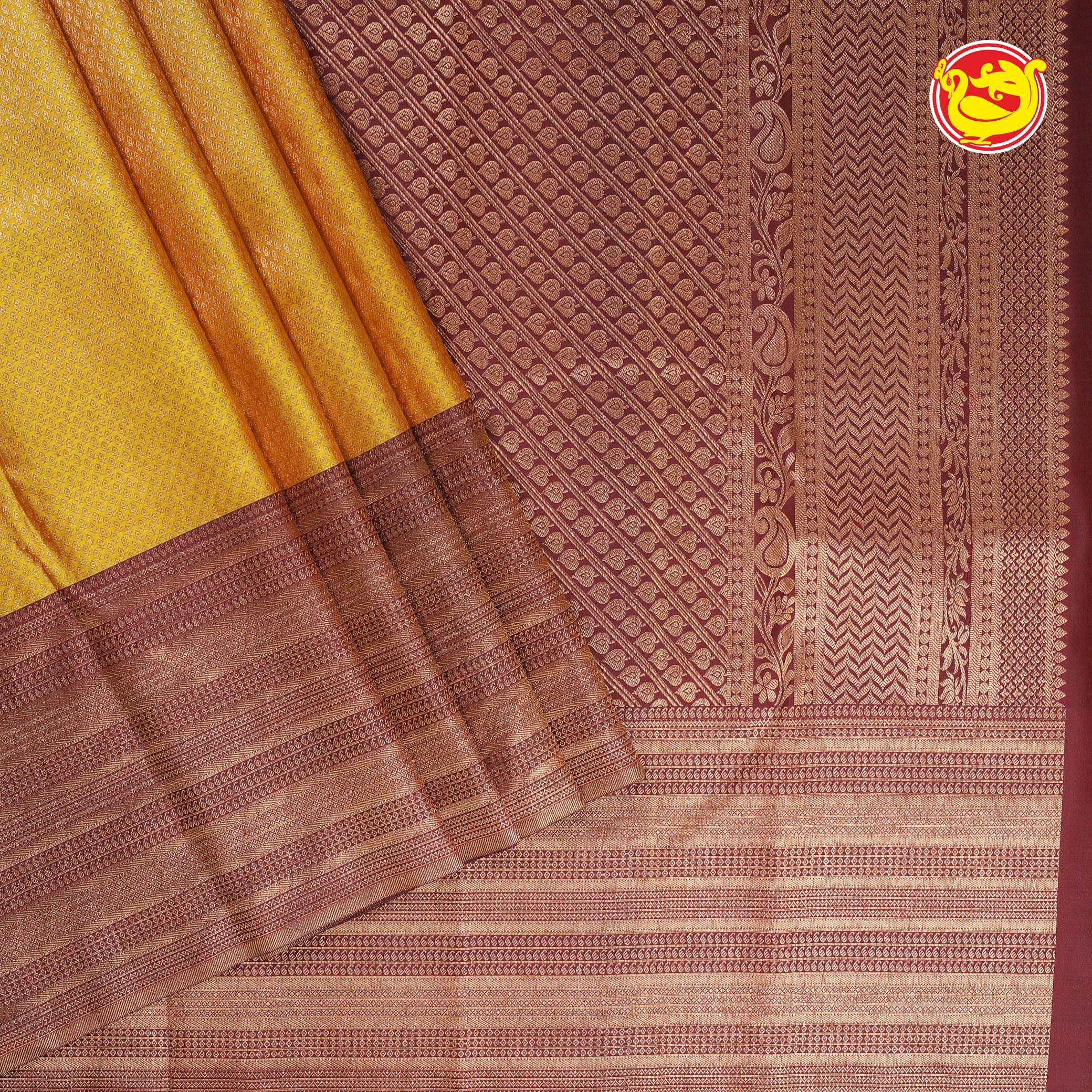 Golden yellow with maroon pure Kanchivaram wedding silk saree