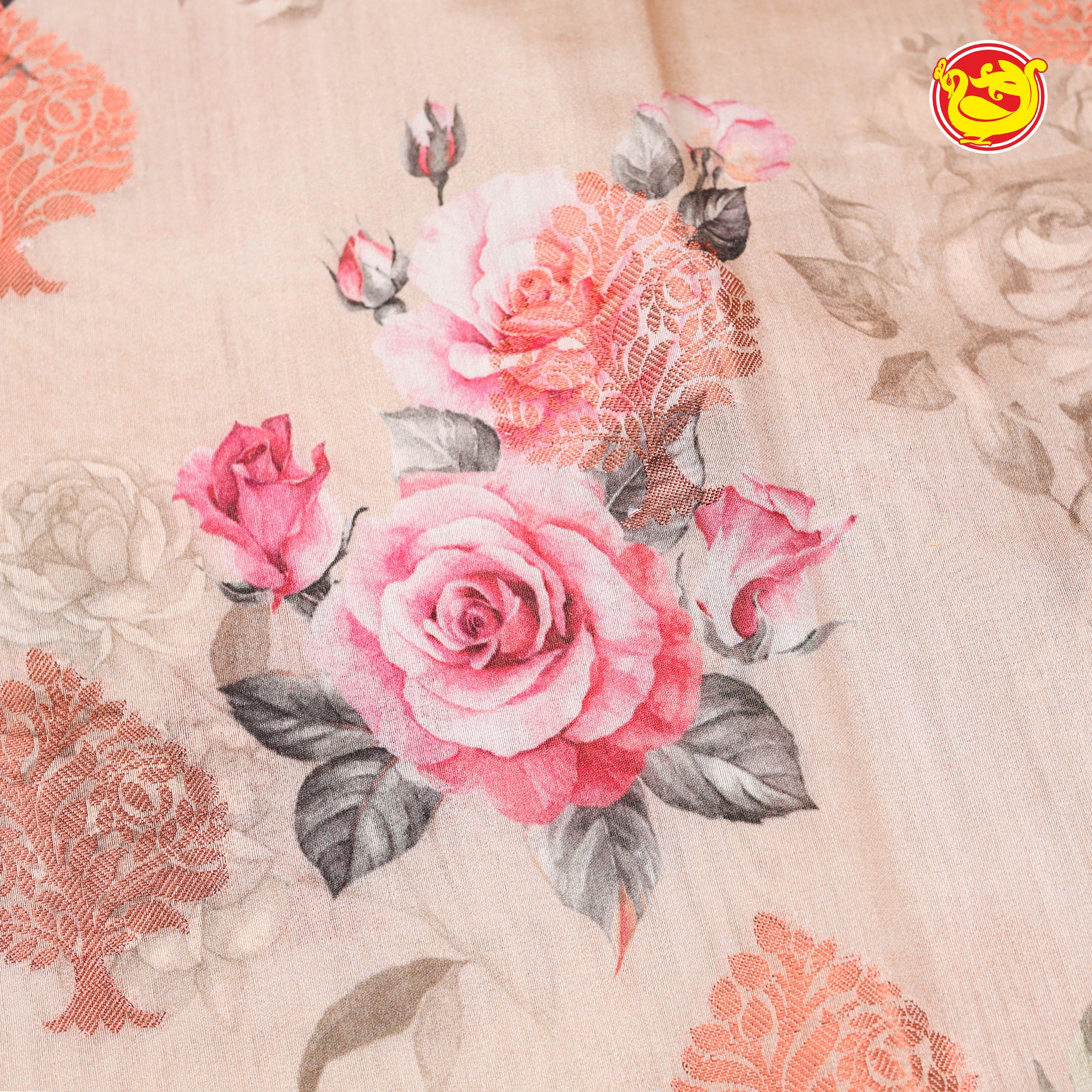 Grey chiniya silk saree with digital floral prints and copper zari