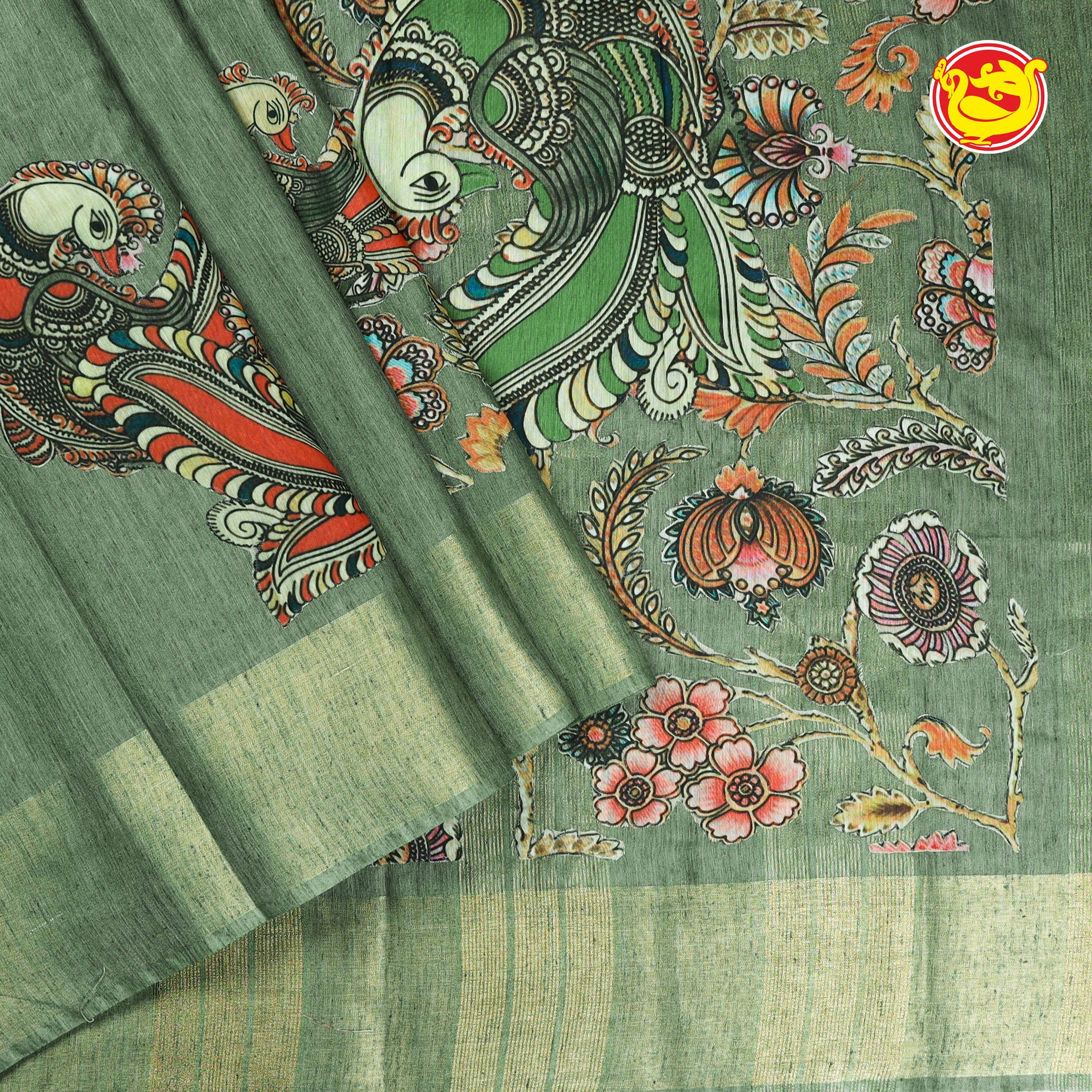 Green fancy cotton saree with appliqué work