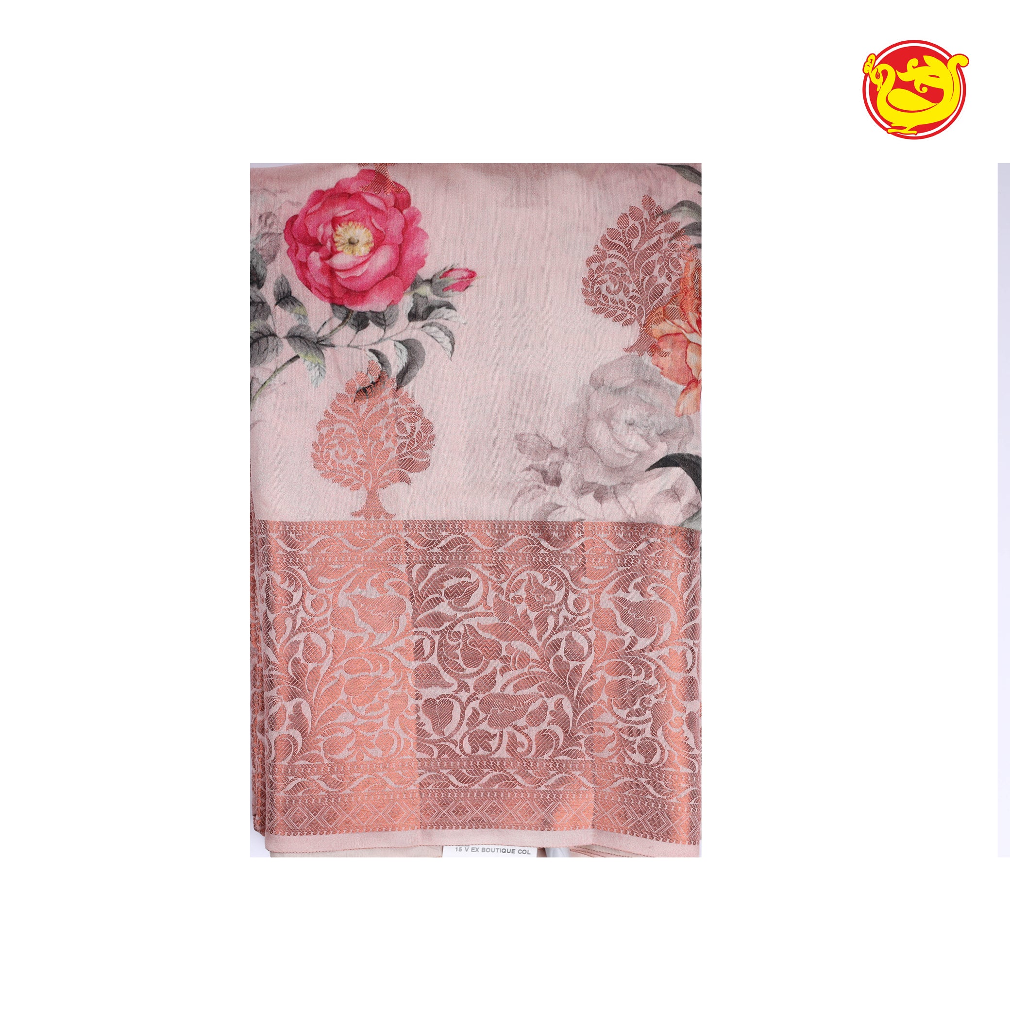 Pastel pink digital floral printed chiniya silk saree
