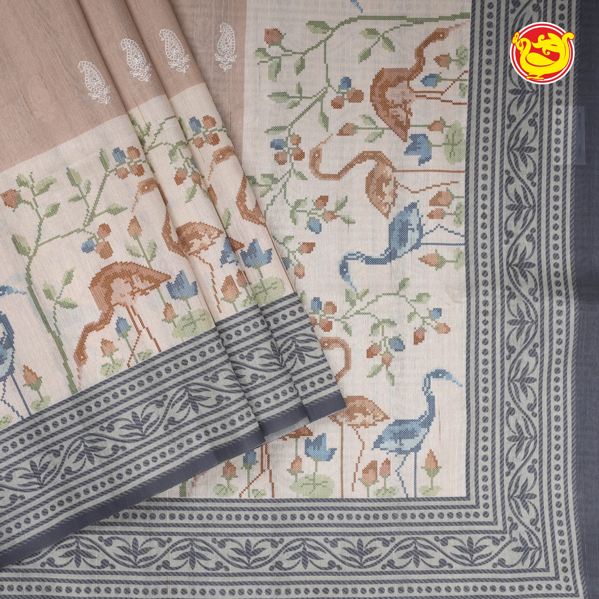 Pastel brown art chanderi saree with digital prints and embroidery