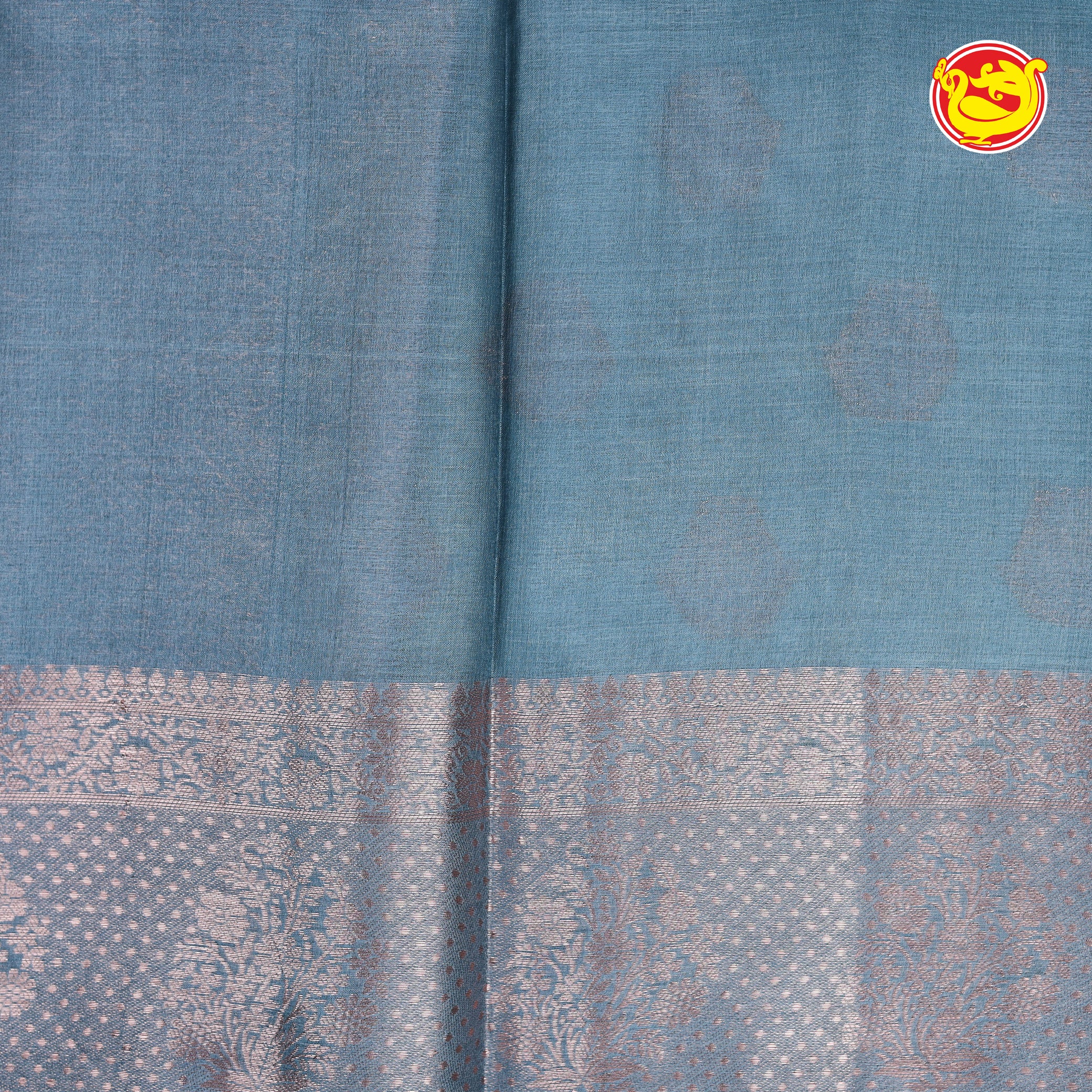 Bluish grey tussar silk saree with silk re zari buttas