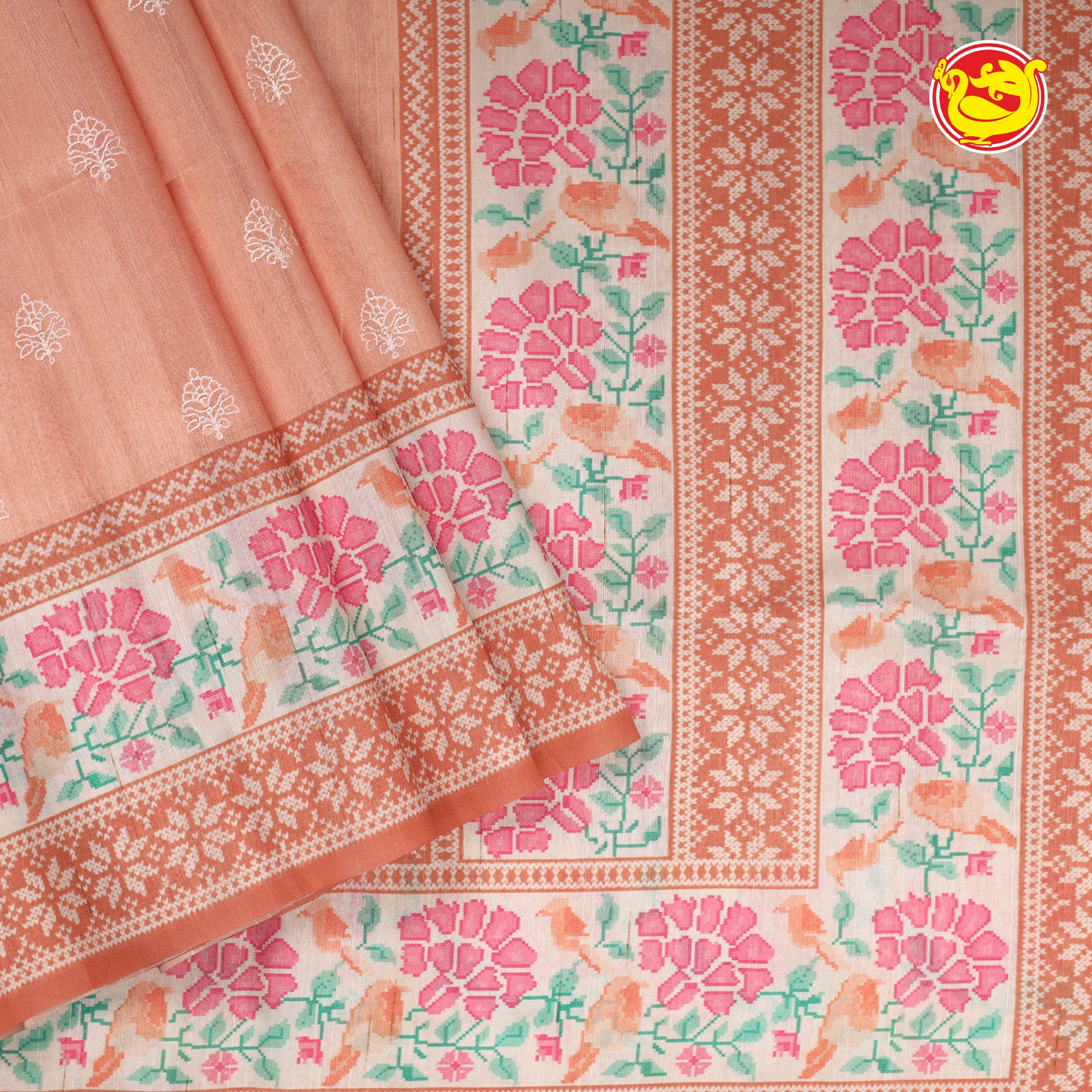Peach art chanderi saree with digital prints and embroidery