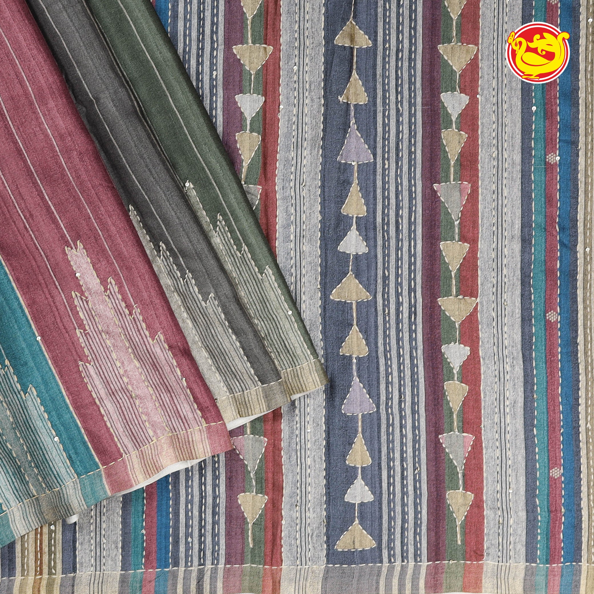 Multicolor art tussar saree with Kantha work