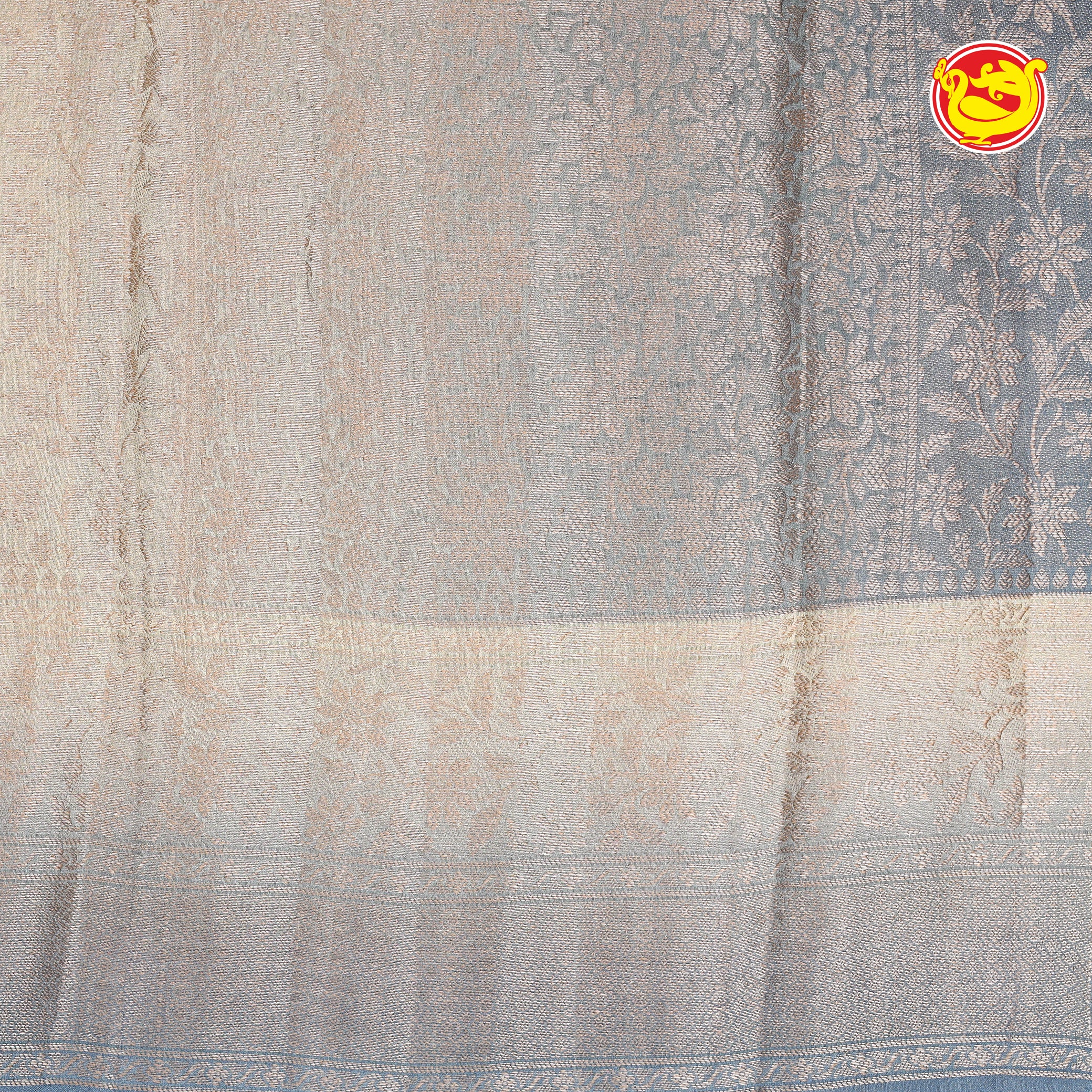 Bluish grey chiniya silk saree with digital floral prints
