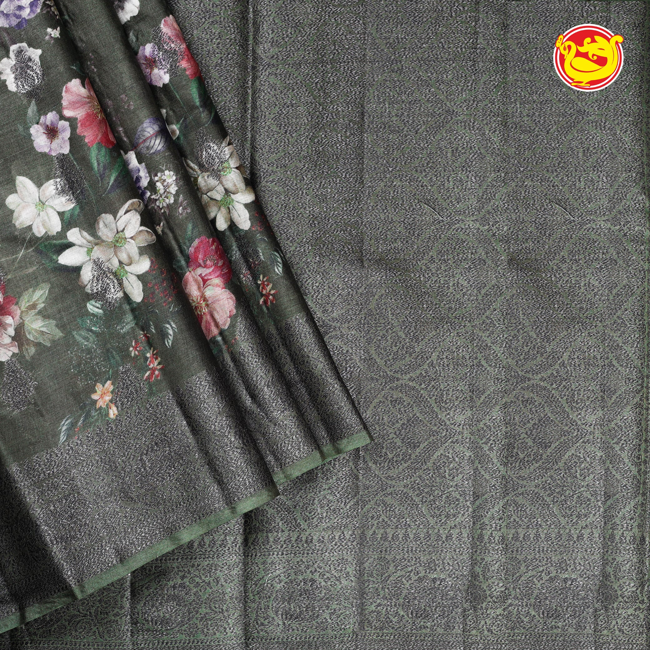 Dark mehendi green floral digital printed tussar silk saree